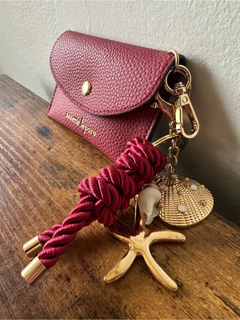 Nanette Lepore Red Faux Leather Card Case with Tassel & Seashell Bag Charm NWOT - Picture 3 of 6